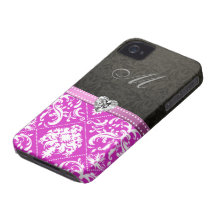 Eleganter lila und schwarzer Damast mit Monogramm iPhone 4 Hülle