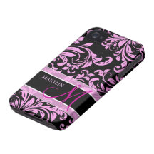 Eleganter rosa und schwarzer Damast mit Monogramm iPhone 4 Hüllen