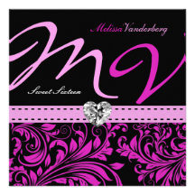 Elegantes lila Damast-Monogramm 16. Geburtstag Individuelle Ankündigungskarte