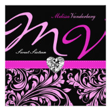 Elegantes rosa/schwarzes Damast-Monogramm 16. Gebu Personalisierte Ankündigungskarte