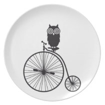 Eule auf altem Vintagem Fahrrad teller
