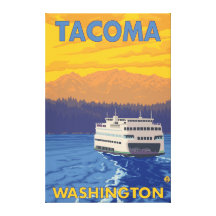 Fähre und Berge - Tacoma, Washington Gespannte Galerie Drucke