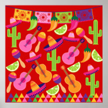 Fiesta-PartySombrero kalkt Gitarre Maraca Saguaro Poster
