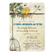 Gelbe Liebe-Vögel, die in einer Baum-Hochzeit sitz Personalisierte Einladungskarte