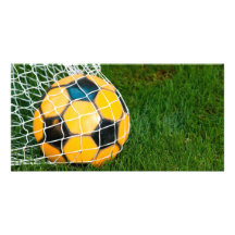 Gelber u. schwarzer Fußball im Netz Foto Grußkarte