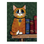 Ginger Tabby Cat and Books Painting Postcard