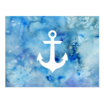 Girly blaues weißes Aquarell-Seeanker Postkarten