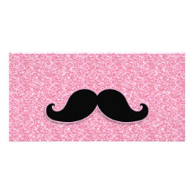 GIRLY SCHWARZER SCHNURRBART-ROSA-GLITTER GEDRUCKT BILDER KARTEN