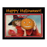 Glücklicher Halloween-Hexe-Kürbis - Postkarte