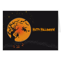 Glücklicher Halloweenmond und -hexe Karte