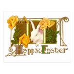 Glücklicher Osterhase mit gelben Rosen Postkarte