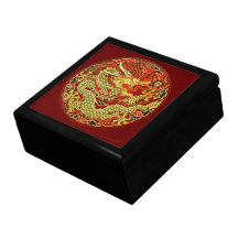 Golden asian dragon embroidered on dark red trinket boxes