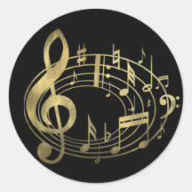 Goldene musikalische Anmerkungen in der ovalen For Runde Aufkleber