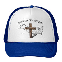 GOTT SEGNEN UNSERE RESERVEN, schroffes Kreuz u. US Baseballkappen