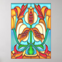 Granatapfel-u. Tulpe-Kunst Nouveau Buntglas Plakat