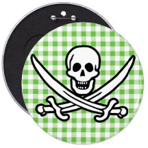 Green Checkered; Gingham Jolly Roger Pinback Button