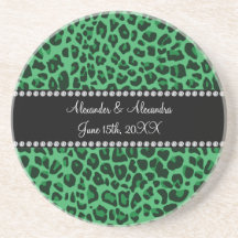 Green leopard pattern wedding favors beverage coaster