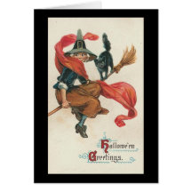 Halloween-Gruß-Hexe auf Broomstick mit Katze Grußkarte