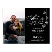 Hängendes Schneeflocke-Foto Save the Date (Schwarz Postkarten