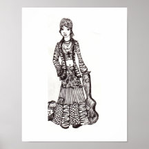 Hippie-Sinti und Roma-Mädchen mit Gitarren-Plakat