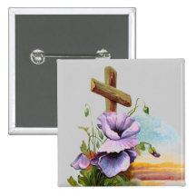 Hölzernes Kreuz mit lila Blumen Buttons