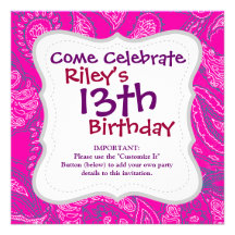 Hot Pink Blue Paisley Print Summer Fun Girly Invite