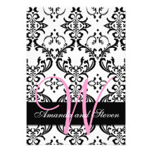 Hübsche Damast-Rosa-Monogramm-Hochzeits-Einladung