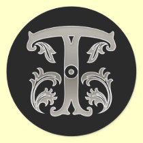 Initial T Round Sticker in silver aufkleber