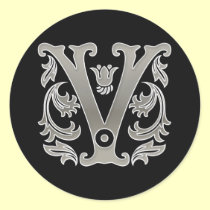 Initial V Round Sticker in silver aufkleber