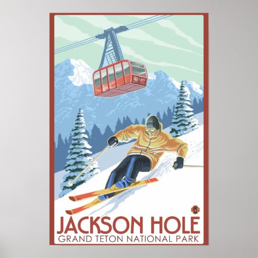Jackson Hole, Wyoming-Skifahrer und Tram Plakat