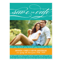 Jade und orange Damast Save the Date Postkarte