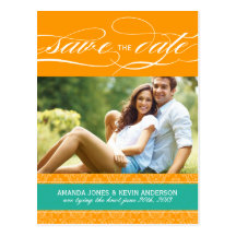 Jade und orange Damast Save the Date Postkarten