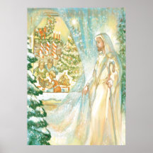 Jesus am Weihnachten, das durch Schleier des Schne Plakatdruck