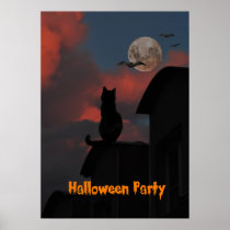 Katze auf dem Dach mit einem Vollmond Halloween poster