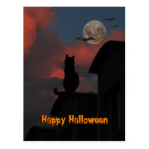 Katze auf dem Dach mit einem Vollmond Halloween postkarten