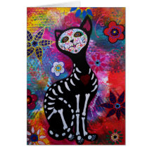 Katze Dia de Los Muertos Meow durch Prisarts Grußkarte