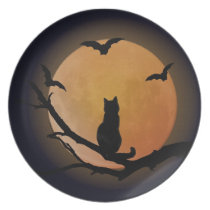 Katze mit einer Vollmond Halloween-Platte teller