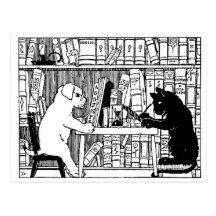 Katze und Hund in der Bibliothek Postkarten