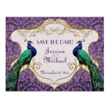 Königliche Pfau-(lila) Save the Date Postkarte
