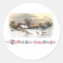 Land-Szene mit Rotwild-Vintagem neuem Jahr Sticker