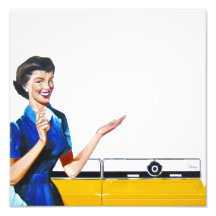 Lustige Retro Hausfrau mit Waschmaschine Photographischer Druck