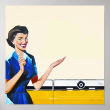 Lustige Retro Hausfrau mit Waschmaschine Plakatdrucke