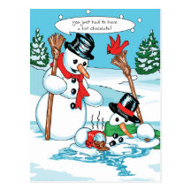 Lustiger Snowman mit heiße Schokoladen-Cartoon Postkarte