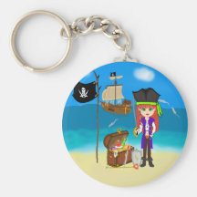 Mädchen-Pirat mit Schatztruhe Keychain Schlüsselband