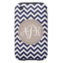 Marine-Blau-weißes Monogramm-Zickzack Muster iPhone 3 Tough Etuis