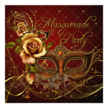 Maskerade-Party-Rot maskiert Goldschwarzen Geburts Personalisierte Ankündigungskarten