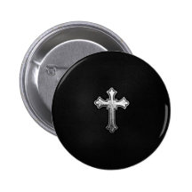 Metallisches Kruzifix auf schwarzem Leder Anstecknadelbutton