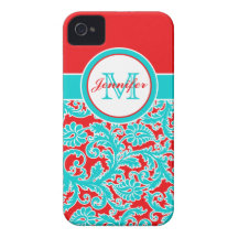 Mit Monogramm blaues, rotes, weißes Damast iPhone  iPhone 4 Etuis