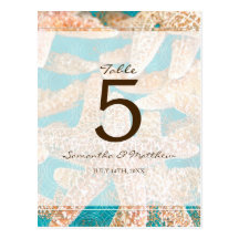 Moderne aquamarine Starfish-Wedding Tischnummer Postkarte
