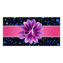 Monogram black blue polka dots purple daisy custom photo card